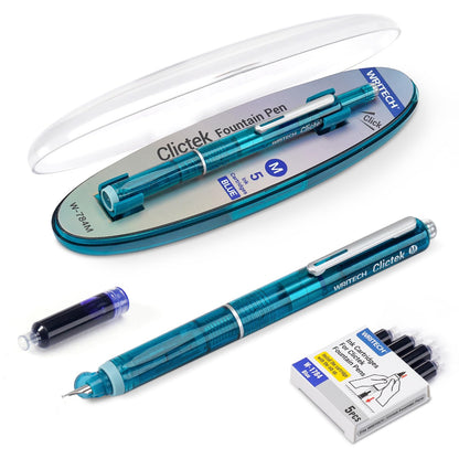 WRITECH Clictek Fountain Pen Retractable: Medium Nib Black Ink 10 Cartridge