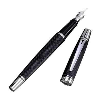 'The Boss' Black Luxury Executive Fountain Pen, Polished Lacquer, Chrome Accents, Stainless Steel Nib, Easy Refill Ink Piston Converter, Smudge Free, No Bleed, Fits Our Instant Insert Ink Cartridges