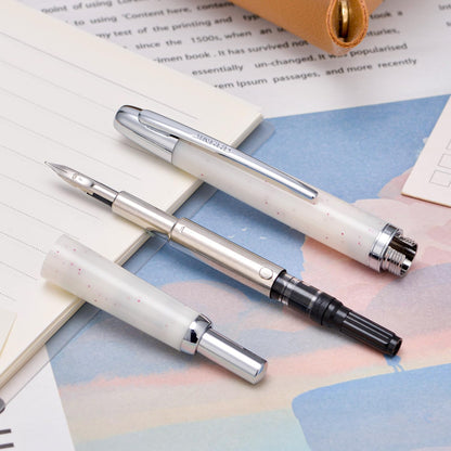 Jinhao 20 Press Fountain Pen, Snow White Retractable Medium Nib with Ink Converter Set (Silver Clip)
