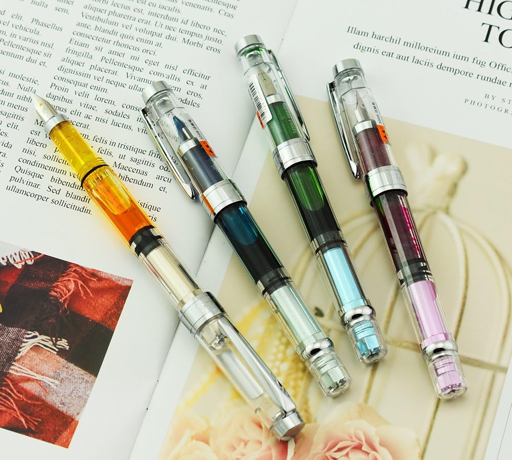 Lanxivi Yongsheng 3008 Piston Fountain Pen EF Extra Fine Nib,Transparent SilverTrim 4 Colors Set