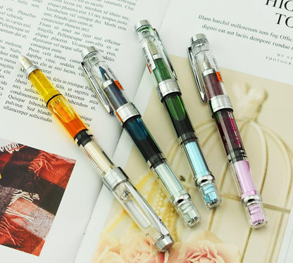 Lanxivi Yongsheng 3008 Piston Fountain Pen EF Extra Fine Nib,Transparent SilverTrim 4 Colors Set