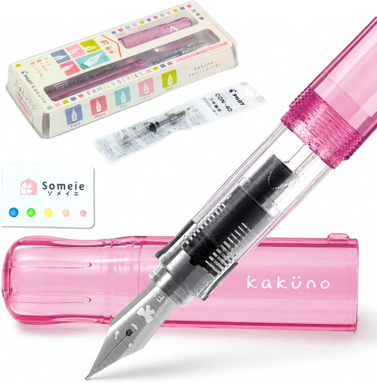 Fountain Pen Set CON-40 Converter & Kakuno Fine Nib with Black Ink Cartridge & Sticky Notes – Refillable Ink System, For Beginners, Calligraphy (Pink FKA-1SR-KGP-F)