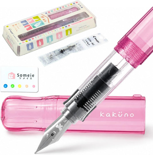 Fountain Pen Set CON-40 Converter & Kakuno Fine Nib with Black Ink Cartridge & Sticky Notes – Refillable Ink System, For Beginners, Calligraphy (Pink FKA-1SR-KGP-F)