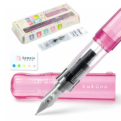 Fountain Pen Set CON-40 Converter & Kakuno Fine Nib with Black Ink Cartridge & Sticky Notes – Refillable Ink System, For Beginners, Calligraphy (Pink FKA-1SR-KGP-F)