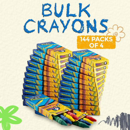 Bulk Crayons (576 Count) Party Favors & Classrooms, 144 Packs of 4 Colors