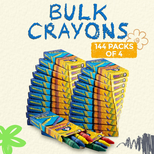 Bulk Crayons (576 Count) Party Favors & Classrooms, 144 Packs of 4 Colors