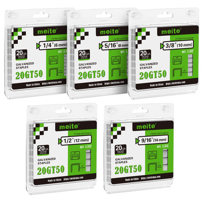 meite T50 Staples, Assorted 3 Sizes (1/4", 3/8", 1/2") Staples for Staple Gun, Galvanized, 20 Gauge 3/8 Inch Crown, Compatible with T50 Staple Gun, Ideal for Upholstery, Construction (4,536 Counts)