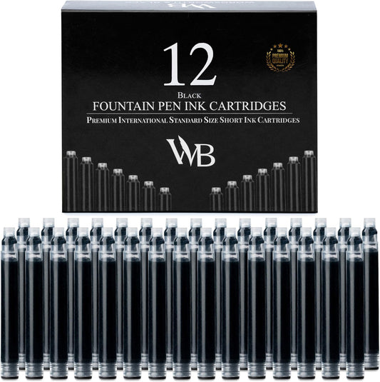Wordsworth & Black Fountain Pen Ink Cartridge Refills, 12 Pack, Black