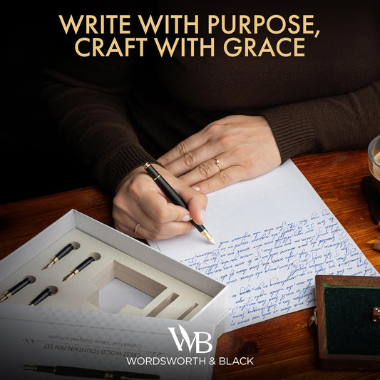Wordsworth & Black Luxury Bamboo Black Fountain Pen Set, 4 Nibs
