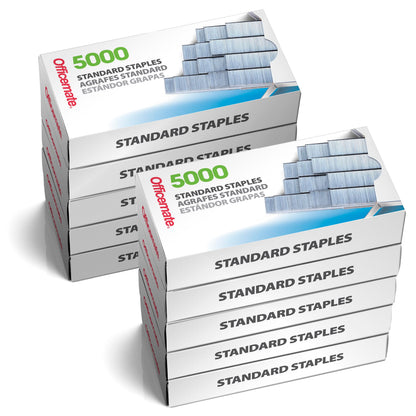 Officemate Standard Staples - Chisel Point Tips, 10 Boxes of 5,000 Staples, 1/4-Inch Leg Length, Universal Compatibility, Office Supplies and School Supplies for Everyday Paper Fastening