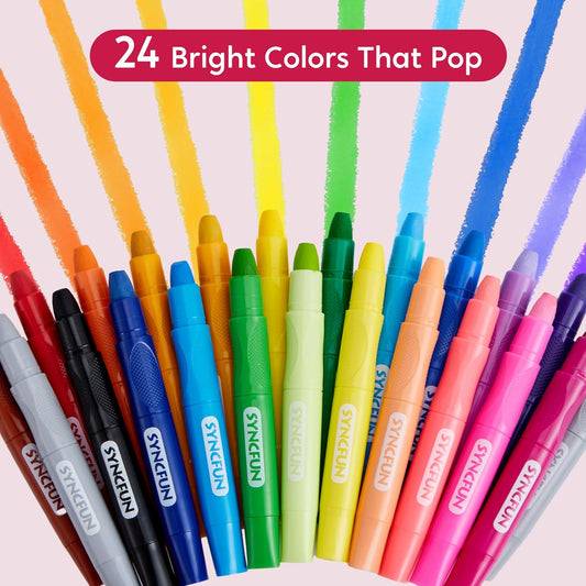 SYNCFUN 24 Pcs Twistable Silky Crayons, Washable Crayons for Paper, Easy to Hold & Quick-Drying Art Supplies, Non-Toxic, Mess Free, Birthday Valentine Easter Gifts for Kids Ages 3 and Up