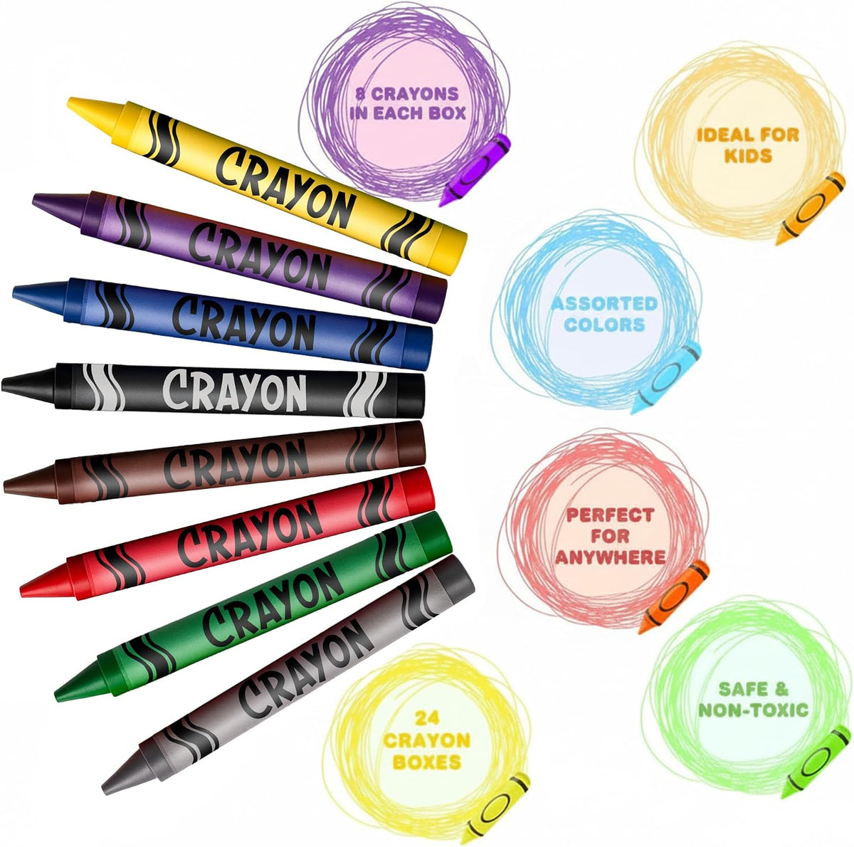 ArtCreativity Bulk Crayon Packs, 24 Sets of 8 Packs of Crayons (192 count), Classroom Crayons for Students, Non-Toxic Crayon Party Favors for Kids, Arts & Crafts Supplies 3+