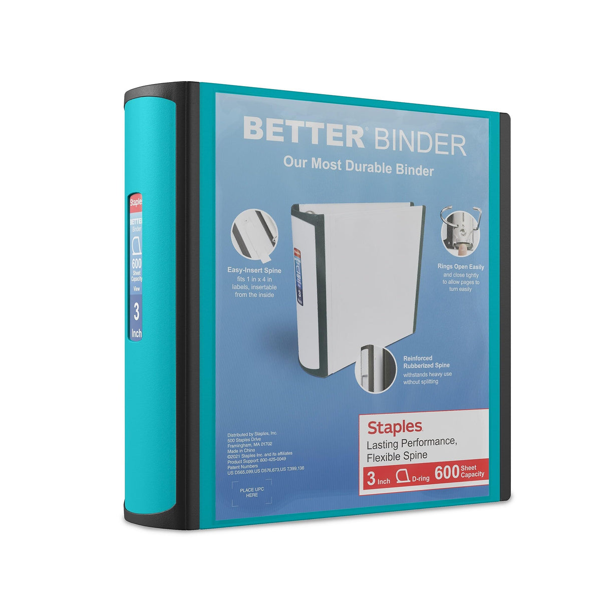 Staples Better Binder, 3 Inch D-Ring, Blue, Reinforced Rubber Spine