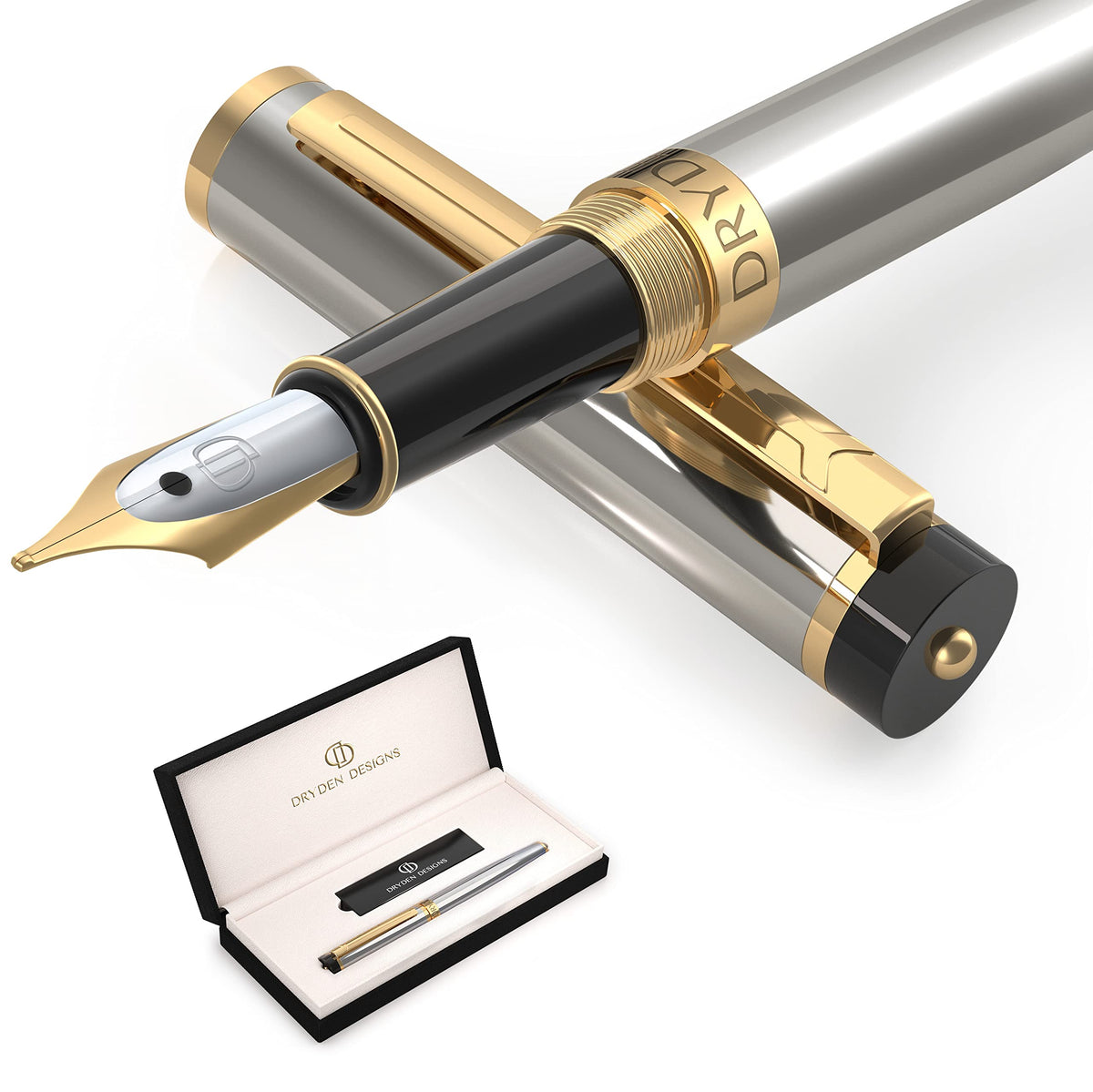 Dryden Designs Fountain Pen. Medium Nib Premium Box | 6 Ink Cartridges Included (Royal Red)