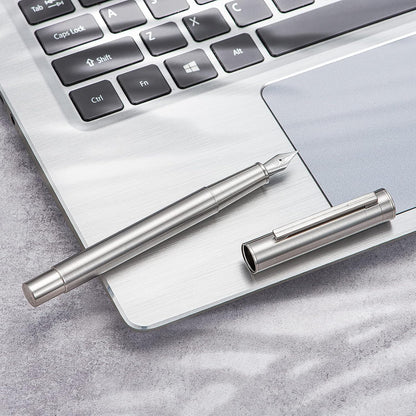 HONG DIAN Forest Pro Silver Stainless Steel Fountain Pen, Extra Fine Nib Classic Design Smooth Writing Pen with Converter and Metal Pen Case Set