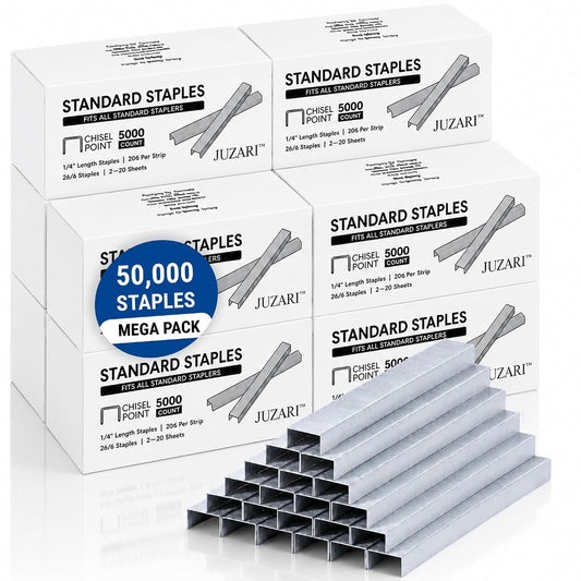 50,000 Standard 26/6 Staples (1/4 Inch), Anti-Jam Chisel Point, 210 per Strip, Bulk Office Staples Refill, 10 Boxes of 5,000, Rust-Resistant Steel, Fits Standard Staplers, 2–20 Sheet Capacity