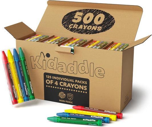 Kidaddle Crayons Bulk Pack, Regular Size, 4 Colors, 125 Packs, Color Crayon Packs for School, Teachers & Classroom Supplies, Restaurant Crayons, 500 Count