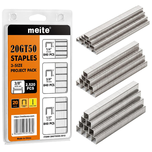 meite T50 Stainless Steel Staples, 2,520 Count Assorted 1/4", 3/8" & 1/2" Staples, 20 Gauge 3/8" Crown Upholstery Staples for Staple Gun, 304 Stainless Steel for Marine Use