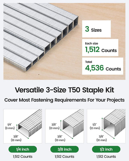 meite T50 Staples, Assorted 3 Sizes (1/4", 3/8", 1/2") Staples for Staple Gun, Galvanized, 20 Gauge 3/8 Inch Crown, Compatible with T50 Staple Gun, Ideal for Upholstery, Construction (4,536 Counts)