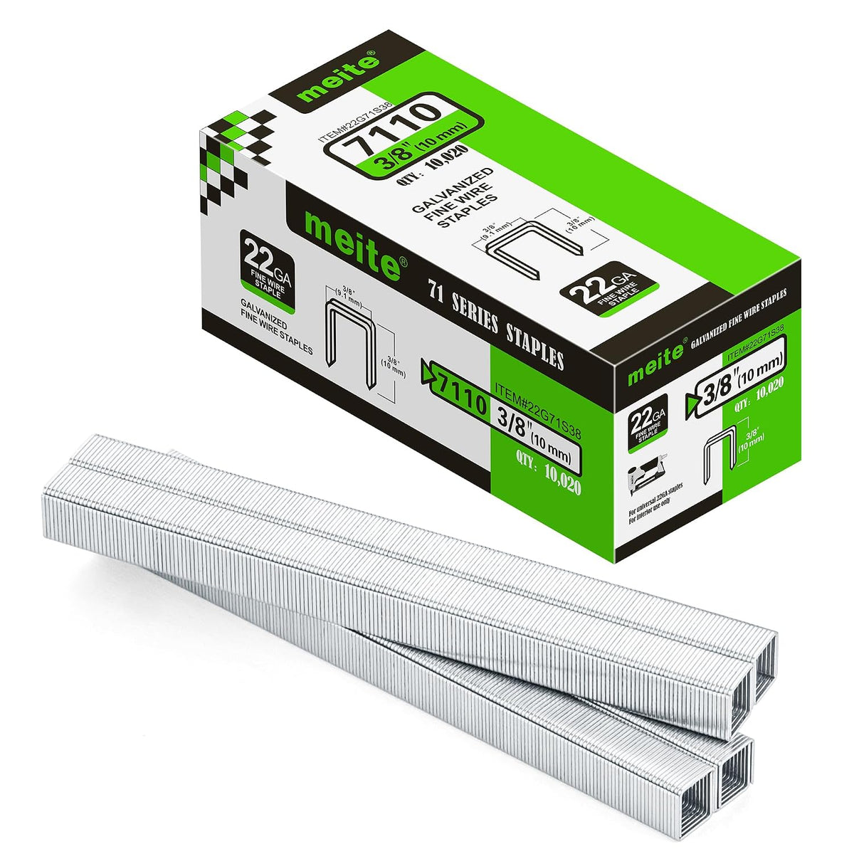 meite 22 Gauge 71 Series 3/8" Crown Wide 3/8" Leg Length Galvanized Staples for Upholstery Stapler 10,020 PCS/Box (1 Box)