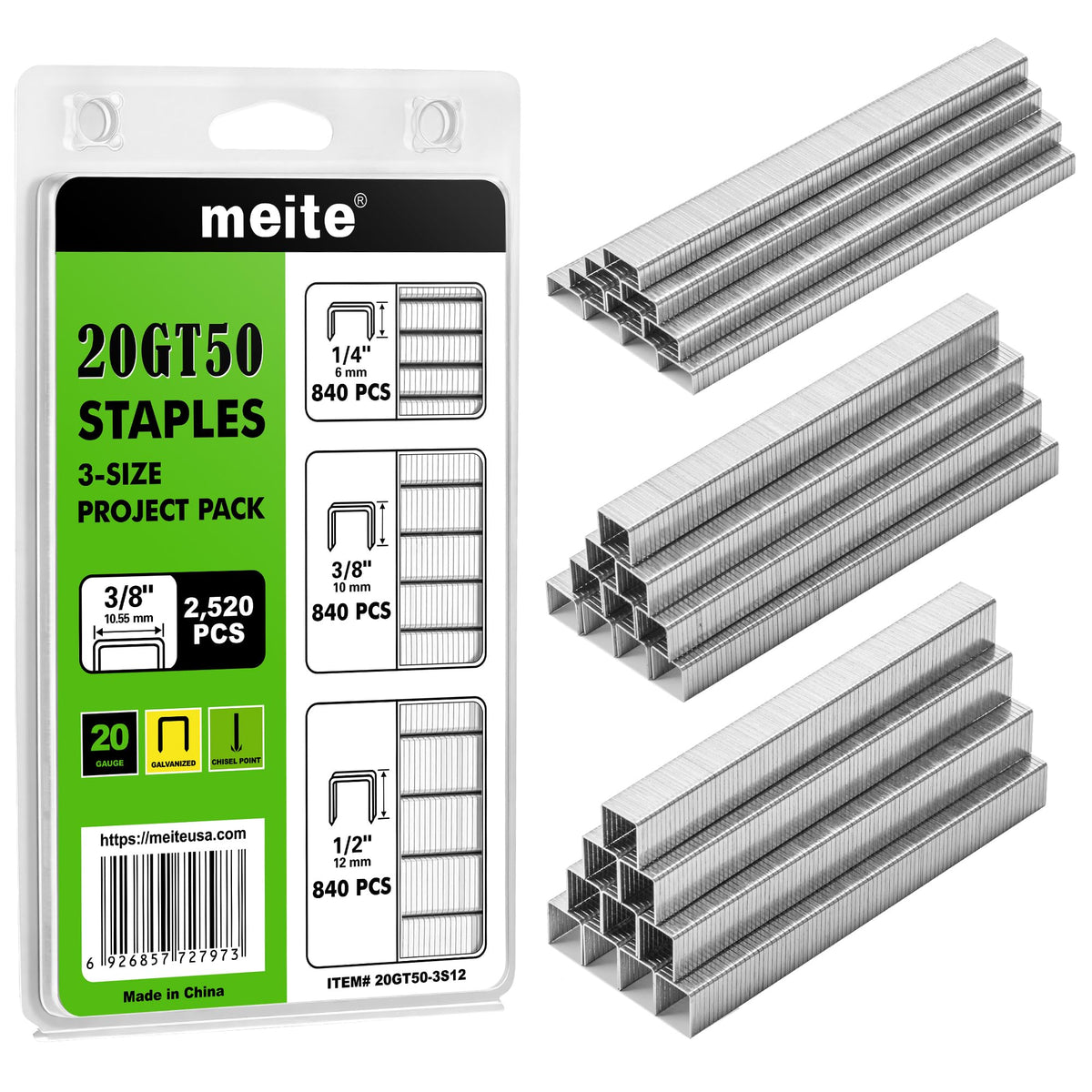 meite T50 Staples, Assorted 3 Sizes (1/4", 3/8", 1/2") Staples for Staple Gun, Galvanized, 20 Gauge 3/8 Inch Crown, Compatible with T50 Staple Gun, Ideal for Upholstery, Construction (4,536 Counts)
