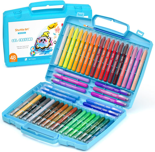 Shuttle Art 48 Colors Gel Crayons for Toddlers, Non-Toxic Crayons Set with 1 Brush and Foldable Case for Kids Children Coloring, Crayon-Pastel-Watercolor Effect, Ideal for Window Paper Glass