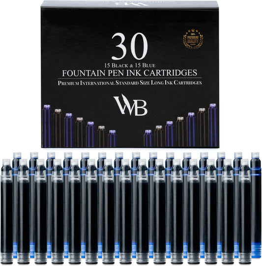 Wordsworth & Black Fountain Pen Ink Cartridge Refills, 30 Pack, Black/Blue