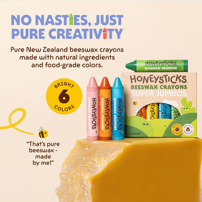 Honeysticks Super Jumbo Crayons (6 Pack) - 100% Pure Beeswax, Extra Large