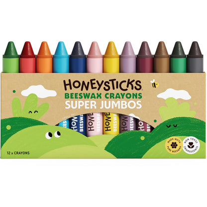 Honeysticks Super Jumbo Crayons (6 Pack) - 100% Pure Beeswax, Extra Large