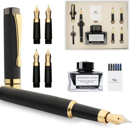 Wordsworth & Black Luxury Bamboo Black Fountain Pen Set, 4 Nibs