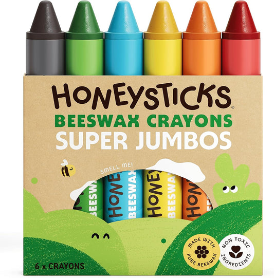 Honeysticks Super Jumbo Crayons (6 Pack) - 100% Pure Beeswax, Extra Large