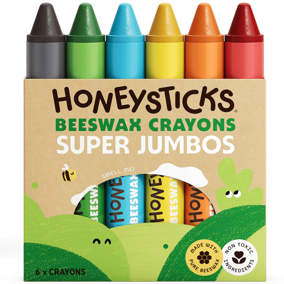 Honeysticks Super Jumbo Crayons (6 Pack) - 100% Pure Beeswax, Extra Large