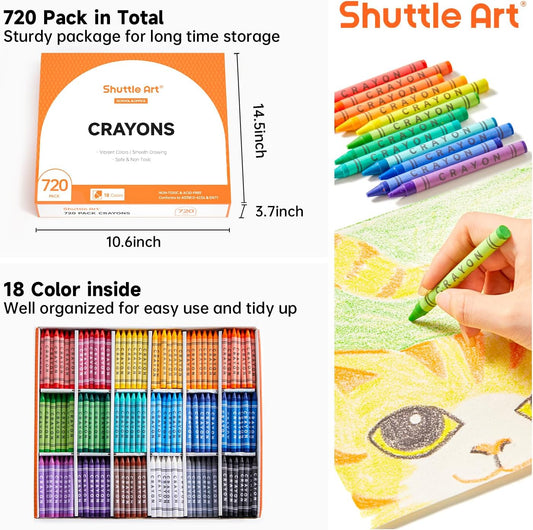 Shuttle Art Crayon Bulk Class Pack - 720 Count, 18 Assorted Colors with 40 Crayons per Color, Non-Toxic Bulk Crayon School Supplies for Teachers and Kids Arts & Crafts Supplies