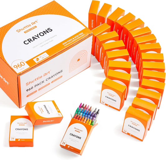 Shuttle Art Crayons Bulk Set - 40 Boxes of 24 Assorted Colors, 960 Count Durable & Non-Toxic Teacher-Quality Crayons, School Supplies bulk For Family Class Party Favors
