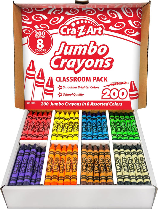 Cra-Z-Art Jumbo Crayon Bulk Class Pack 200ct 8 Assorted Colors, 25 Crayons in Each Color, Back to School Essential for Teachers and Supply Rooms