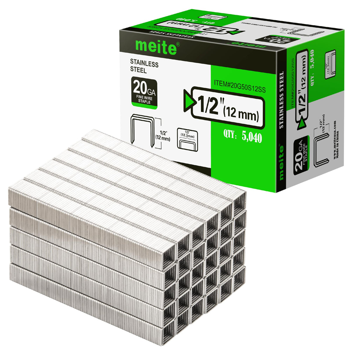 meite 20 Gauge 304 Stainless Steel Upholstery Staples, 1/2-Inch Crown with 3/8-Inch Leg Length, Heavy Duty Staples for Construction, Furniture, Crafts & DIY Projects (1 Box)