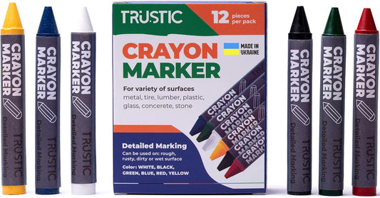 Universal Crayon Wax Marker for Industrial and Craft Detailed Marking on Lumber Metal Carton Ceramics Concrete Glass Plastic Tire 4 x 1/2", Pack of 12 (Multicolor)