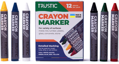 Universal Crayon Wax Marker for Industrial and Craft Detailed Marking on Lumber Metal Carton Ceramics Concrete Glass Plastic Tire 4 x 1/2", Pack of 12 (Multicolor)