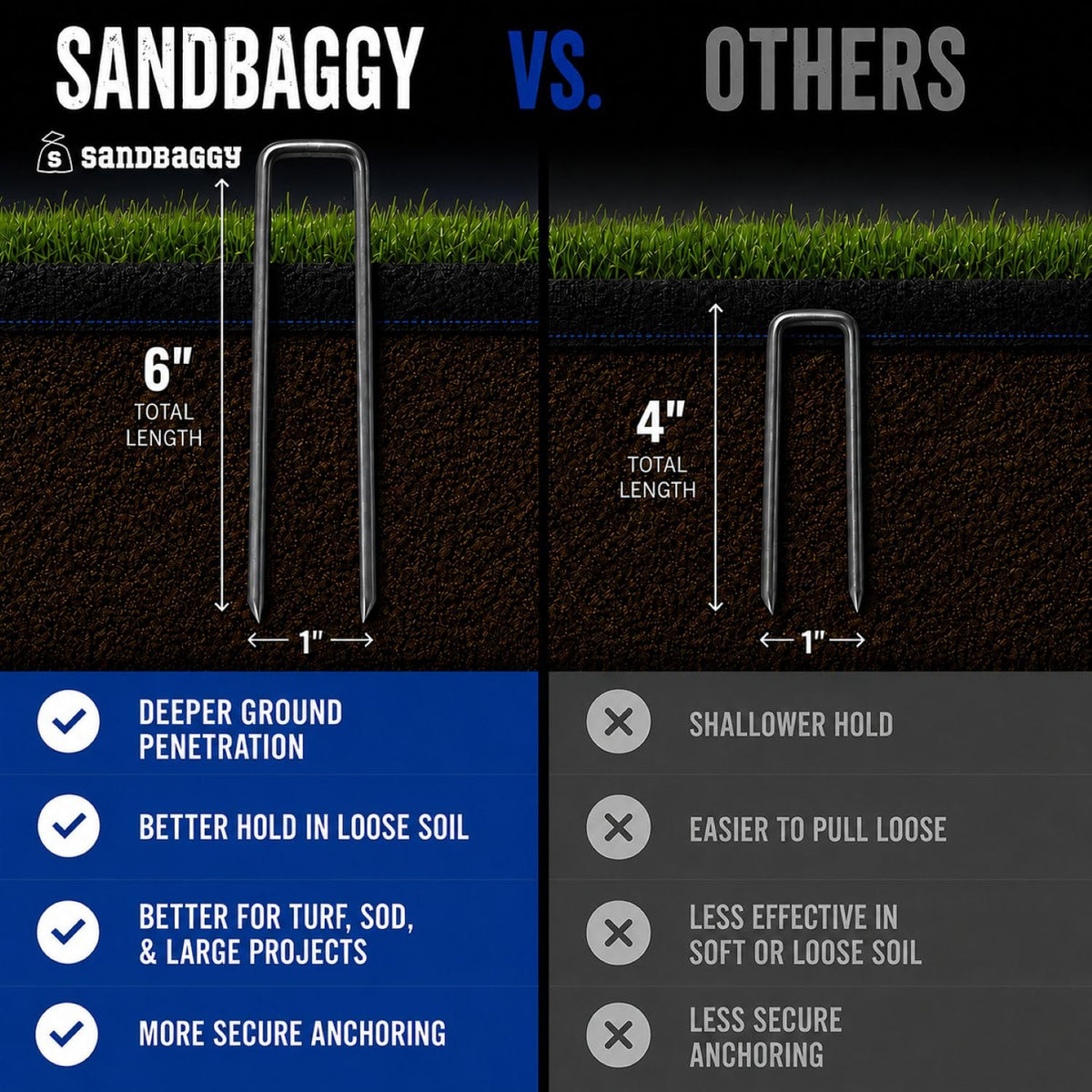 Sandbaggy 6 inch Landscape Sod Staples (9 Gauge Steel) ~ Great for Hard Soil - 20% Thicker Than Competition - Trusted by Farmers & Contractors Across USA (200 Staples)