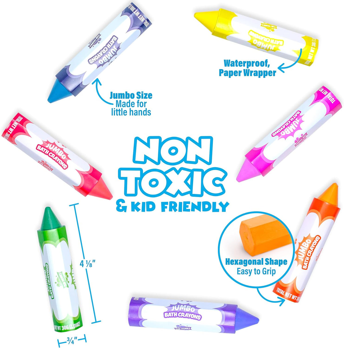 Tub Works® Smooth™ Jumbo Bath Crayons Bath Toy | Nontoxic, Washable Bath Crayons for Toddlers & Kids | Unique Formula Draws Smoothly & Vividly on Wet & Dry Tub Walls | Large, Easy-Grip Bathtub Crayons