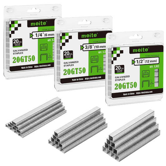 meite T50 Staples, Assorted 3 Sizes (1/4", 3/8", 1/2") Staples for Staple Gun, Galvanized, 20 Gauge 3/8 Inch Crown, Compatible with T50 Staple Gun, Ideal for Upholstery, Construction (4,536 Counts)