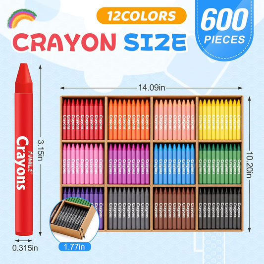 FUMILE Bulk Crayons Class Pack, Non-Toxic Easy-Hold Crayon for Kids, 600ct