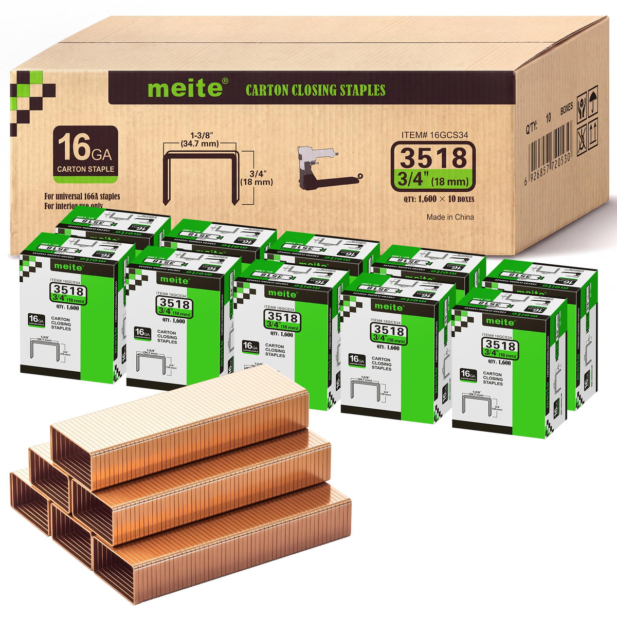 meite 16 Gauge 1-3/8" Wide Crown 3/4" Leg Carton Closing Staples 1,600PCS