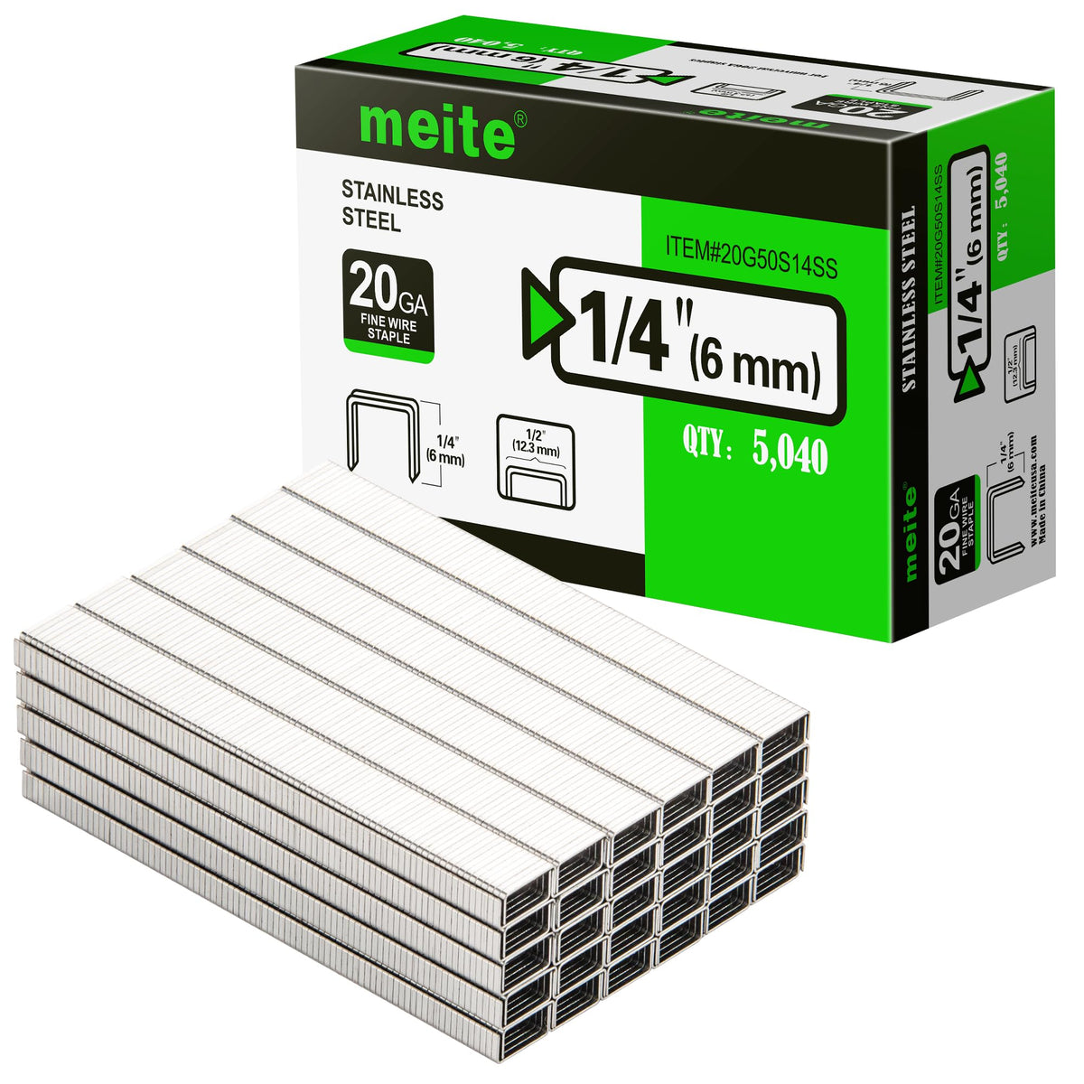 meite 20 Gauge 304 Stainless Steel Upholstery Staples, 1/2-Inch Crown with 3/8-Inch Leg Length, Heavy Duty Staples for Construction, Furniture, Crafts & DIY Projects (1 Box)