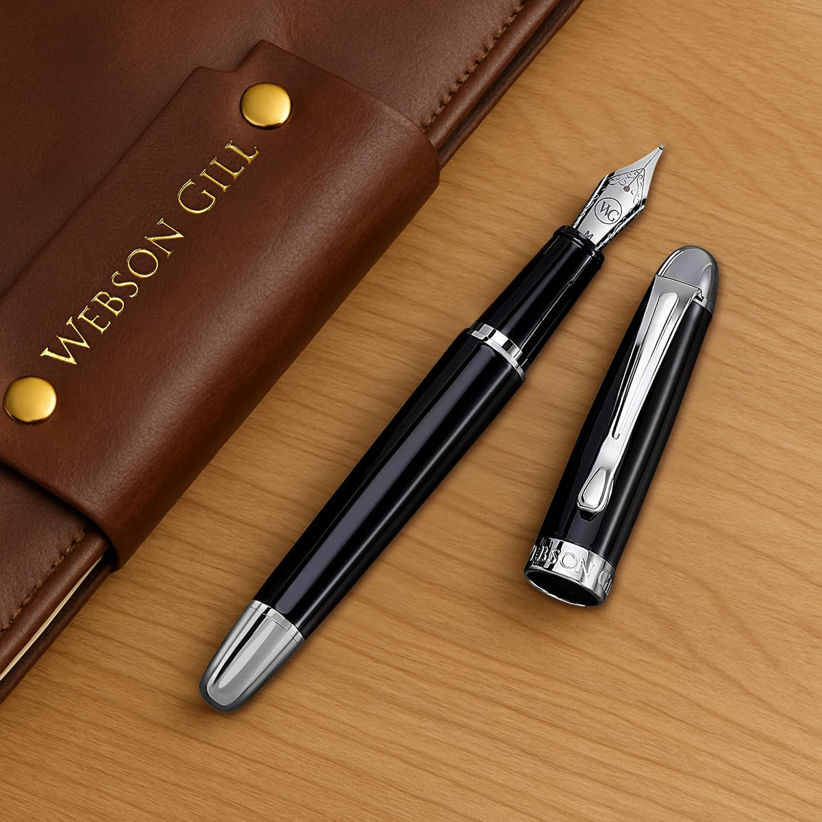 'The Boss' Black Luxury Executive Fountain Pen, Polished Lacquer, Chrome Accents, Stainless Steel Nib, Easy Refill Ink Piston Converter, Smudge Free, No Bleed, Fits Our Instant Insert Ink Cartridges