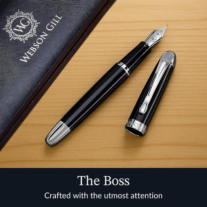 'The Boss' Black Luxury Executive Fountain Pen, Polished Lacquer, Chrome Accents, Stainless Steel Nib, Easy Refill Ink Piston Converter, Smudge Free, No Bleed, Fits Our Instant Insert Ink Cartridges