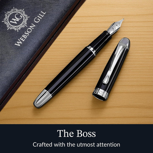 'The Boss' Black Luxury Executive Fountain Pen, Polished Lacquer, Chrome Accents, Stainless Steel Nib, Easy Refill Ink Piston Converter, Smudge Free, No Bleed, Fits Our Instant Insert Ink Cartridges